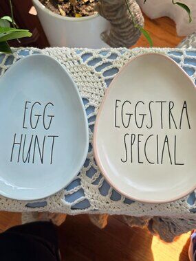 Rae Dunn Set Of 2 Easter Egg Shaped Appetizer/dessert Plates Blue / White NWOT